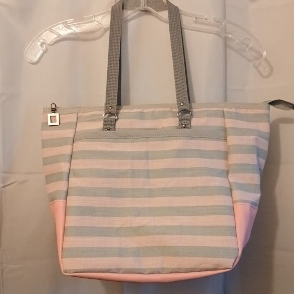 New Beach Tote Shopper shoulder Bag Pink Gray stripe Double handle Carryall Purs